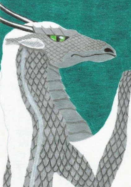 Colored pencil drawing of a silver dragon with a white mane and green eye. Green background 