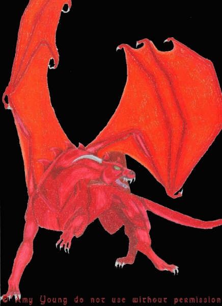 Red angry looking dragon with black background 