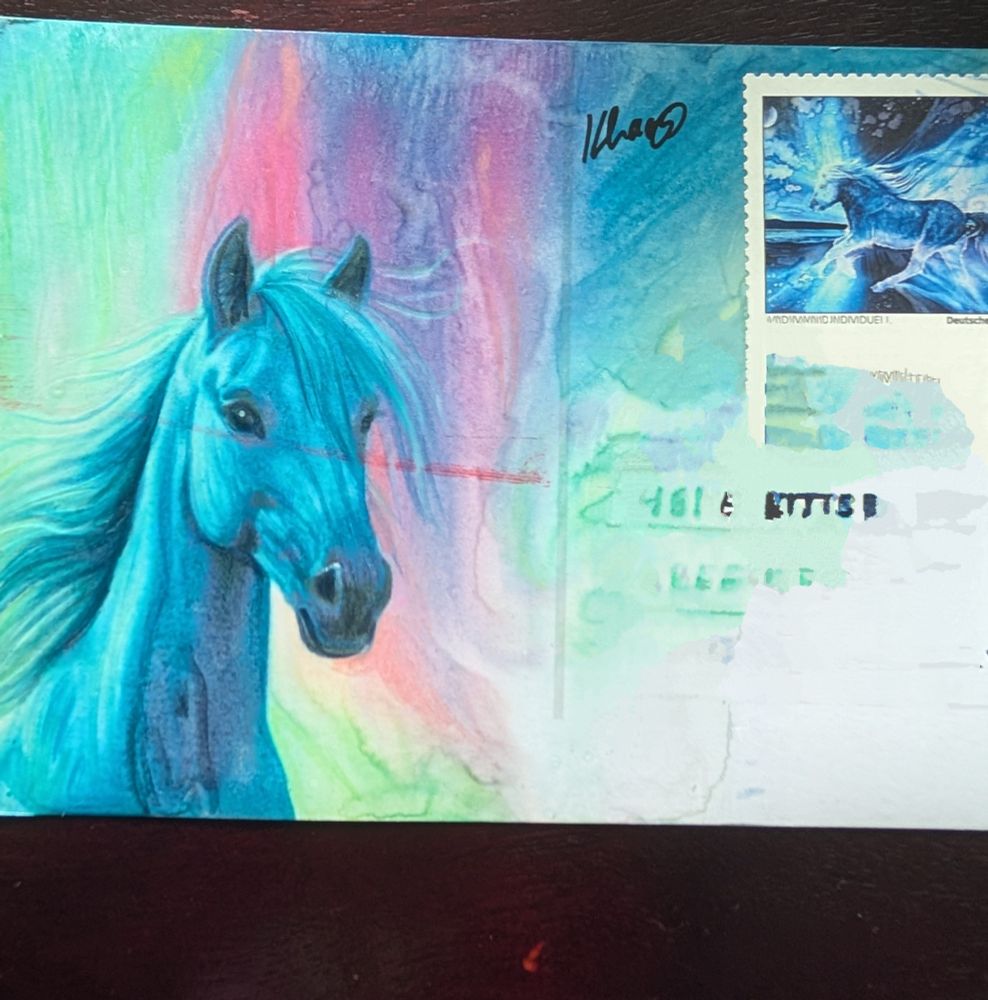 Blue horse with colorful background on postcard. Art by Khaos Dog