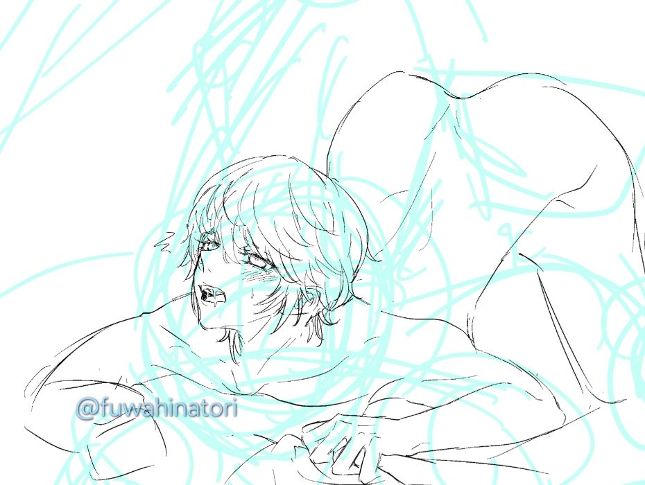 A doodle of Joshua Rosfield from final fantasy xvi in his birthday suit and laying on fours with his rear lifted. His face says he's feeling something, but what? Who knows. 