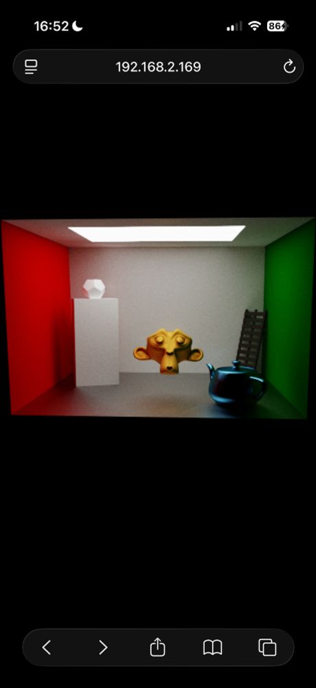path traced image of a cornell box with a suzanne monkey model inside (alternative angle 2)