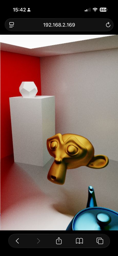 path traced image of a cornell box with a suzanne monkey model inside