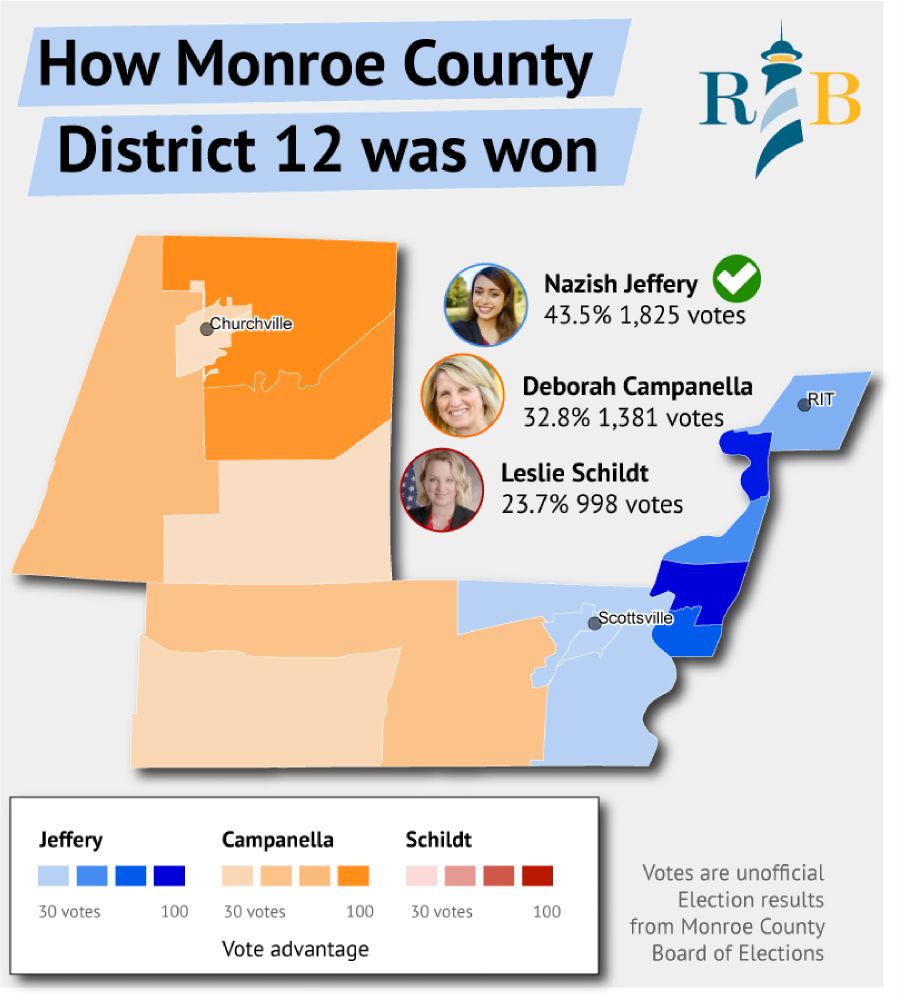 An election map for the Monroe County District 12 showing the vote breakdown among candidates Nazish Jeffery, Deborah Campanella, and Leslie Schildt.