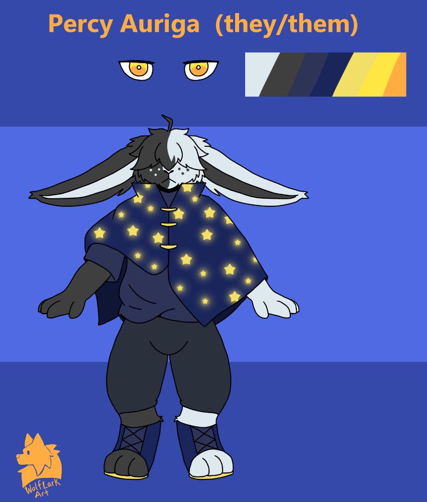 A digital reference sheet of a black and white Harengon. Their bangs are over their eyes and are dressed in dark clothes. They wear a big cloak that is blue with yellow stars.