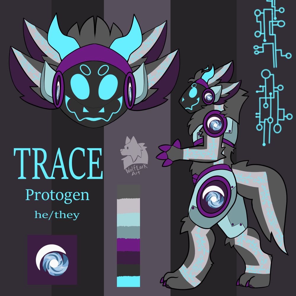 A gray, purple, and blue protogen reference sheet. There is a full body image facing the left, and a front facing headshot. There are markings like circuits going down their arms and legs