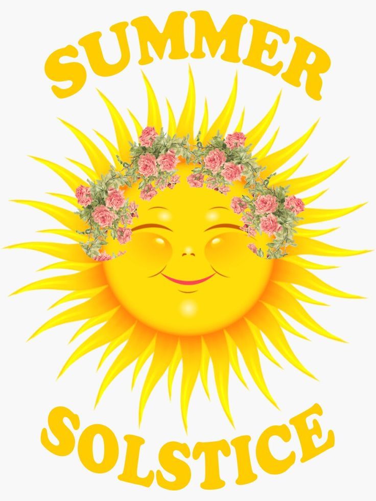 A smiling sun with a crown wreath of roses, text says “summer solstice”.