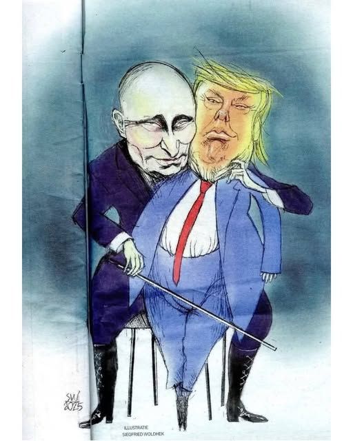 A cartoon of Putin playing Trump like a fiddle