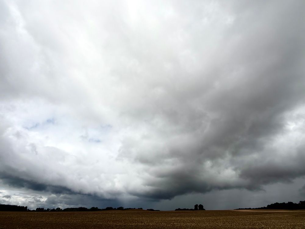 Dichte tiefhängende grauweißblaue Regenwolken über einem abgeernteten Acker. In der Ferne hinter einer Waldkante regnen sie bereits ab. Acker und Wald liegen im Schatten und wirken düster, nur eine kleine Fläche des Ackers rechts im Bild wird von Licht angestrahlt und leuchtet goldgelb. 