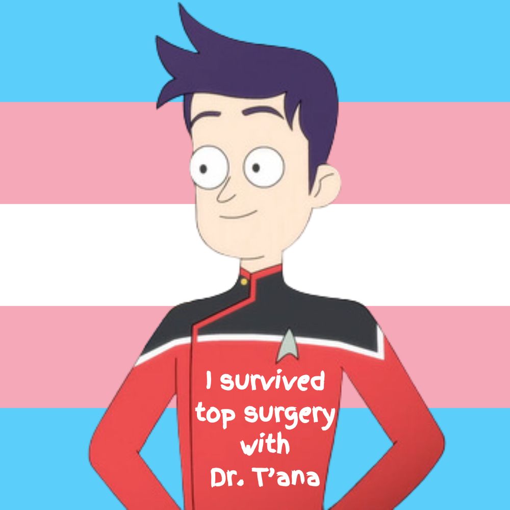 brad boimler from lower decks smiling in front of a trans pride background, his uniform says “i survived top surgery with dr. t’ana”
