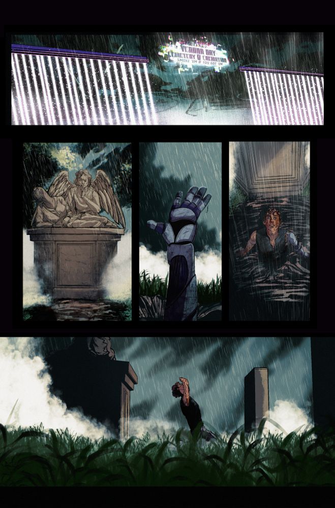 A comic page that follows as we enter a graveyard and we see a hand burst through the ground. Romeo steps out of the grave gasping for air as he is soaked by the rain