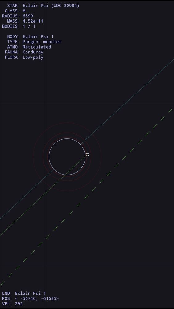 Screenshot of the Android 14 easter egg, which is a simple vector-graphics spaceflight simulator. The vaguely androidesque spacecraft has landed on the sole planet in today's star system: Eclair Psi 1, a pungent moonlet with a reticulated atmosphere, corduroy fauna, and low-poly flora.