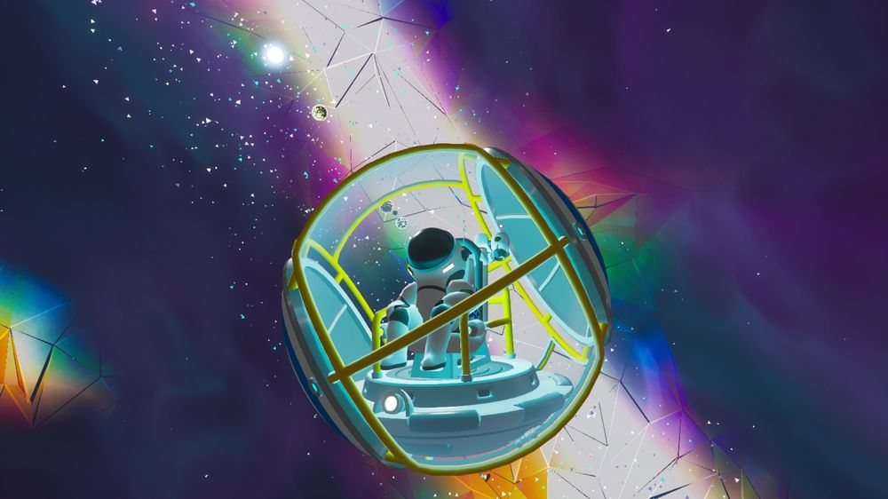 A screenshot from the game Astroneer, in which a hamster ball has been shot into space.