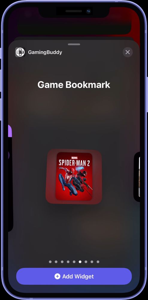 iOS widget picker showing the Game Bookmark widget in the small size with the recent Spider-Man 2 game.