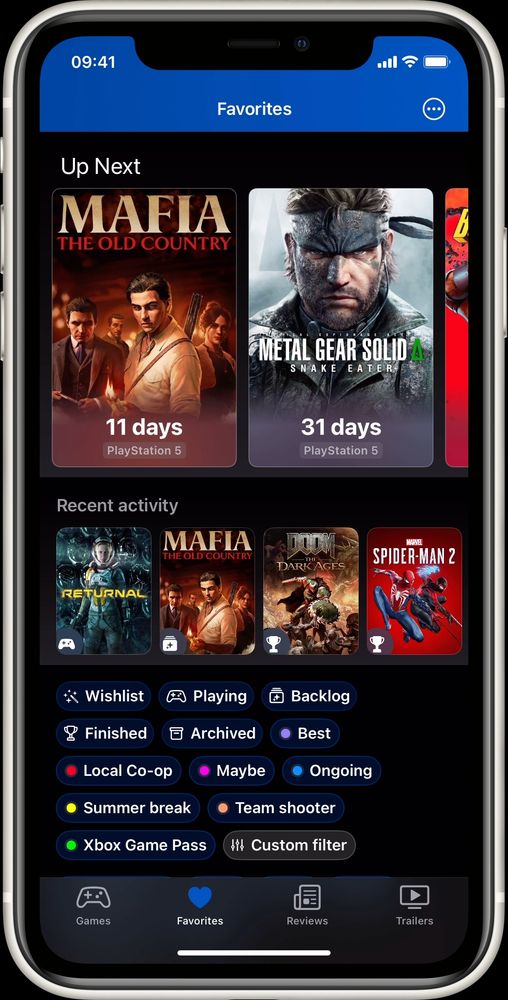Favorites screen with the new Up Next carousel that shows Mafia: The Old Country as soonest releasing game in 11 days. The bottom part is longer and uses colors from the cover to provide more space for the days left label without covering the game cover.