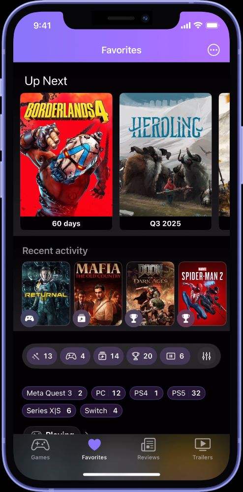 Favorites screen showing the new "Recent activity" with Returnal that has status "Playing" followed by the upcoming Mafia game with status "Backlog"