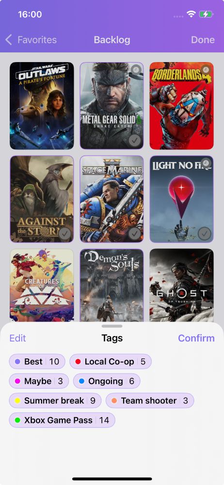 GamingBuddy screen showing example Backlog list with some of the games selected and bottom sheet with list of available tags to select and then confirm