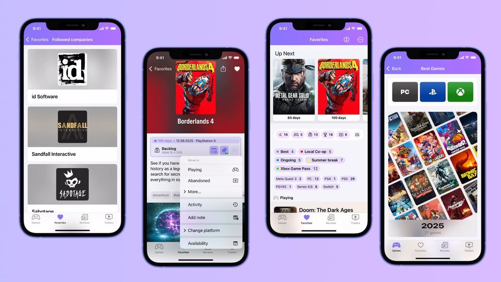 Promo banner showing few screenshots - list of followed companies, improved game detail, new Favorites screen with custom tags, platforms filter, extended best games with ability to view best games by popular platforms