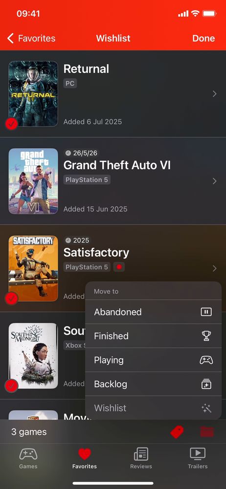 Wishlist list screen with three games selected showing the "Move to" menu with all the status option with "Wishlist" disabled.