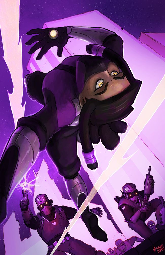 Digital illustration of Kamikaze vaulting backwards into a reverse somersault as she's chased by masked and armed goons through Inner Trinity.