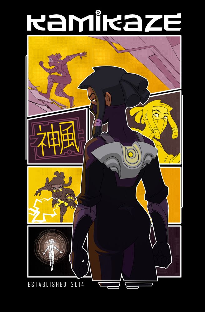 The 10-year anniversary poster design for the Kamikaze webcomic series.  It features the titular character in a variety of action poses.