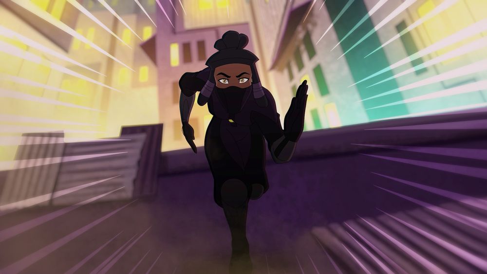 A freeze frame from the "Kamikaze: Trial by Fire" animated short.  Kamikaze runs across an outer Trinity rooftop toward the camera.