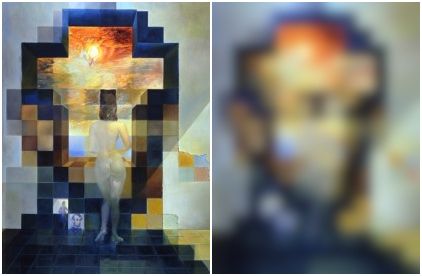 ※ Left: "Gala Contemplating the Mediterranean Sea" by Salvador Dalí.
※ Right: Same image viewed after blurring or looking at it from a distance of 20 meters I order to recognize the portrait of Abraham Lincoln.

From Jay Clouse, @jay.blog (https://bsky.app/profile/did:plc:j4qhffmuzbw7bk76p7fbe42z), "What Salvador Dali taught me about creative work" (https://web.archive.org/web/20200918064223/https://jayclouse.com/what-salvador-dali-taught-me-about-creative-work/), 2017

"[...] In 1976, Dali read a piece in Scientific American which claimed that the human eye could recognize an image with the minimum resolution of 16 x 16 (or 256 pixels). Below is the accompanying example in the magazine, which you will recognize as Abraham Lincoln.

Dali, who strikes me as sort of a brilliant jerk, called bullshit and set out to create a painting of lower resolution that could be recognized. His painting, shown below, used only 121 pixels.

Dali’s painting, when viewed up close, reveals an image of his wife, Gala, looking out of a window (hence the title, Gala Contemplating the Mediterranean Sea which at Twenty Meters Becomes the Portrait of Abraham Lincoln). But when viewed from afar (you guessed it: about 20 meters) you see the full image of Lincoln that Dali intended.For the last couple of days, I’ve struggled to keep the Lincoln view of what I’m working to accomplish. I know that I am painting Lincoln, but all I see is Gala.

But the reality is, I’m looking too closely at the work. I’ve got the canvas right up in front of my nose, and all I see is the micro view that makes up the macro view.It’s an easy trap to fall into. When you worry that your work isn’t accomplishing what you set out to do, take a step back (about 20 meters) and take another look. Sometimes you just get too close. [...]"



