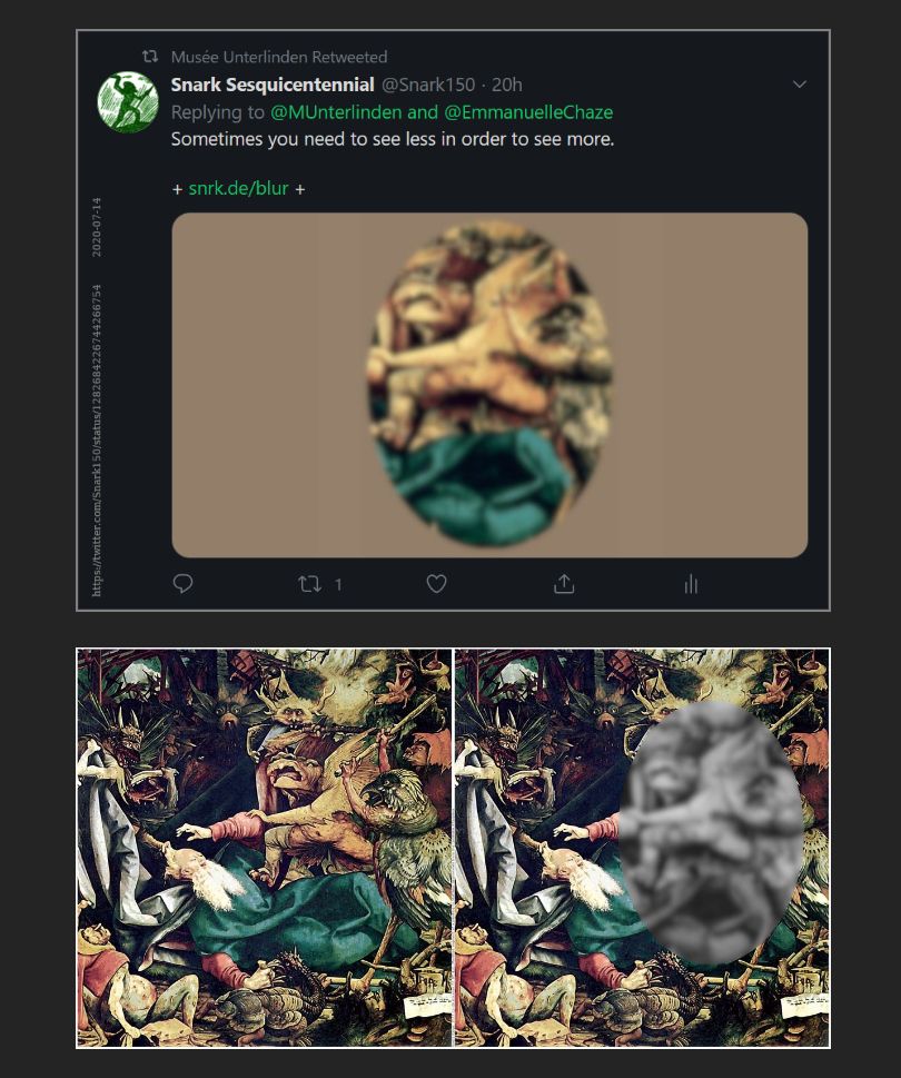 Source: https://snrk.de/blur/

Isenheim | Issenheim | Isenheim Altarpiece | IsenheimAltarpiece | Matthias Grünewald | MatthiasGrünewald | Mathis Gothardt Neithardt | MathisGothardtNeithardt | demons | monsters | hiddenface | hidden face| hiddenimage | hidden image | pareidolia | blur | blurring | Musée Unterlinden | MuséeUnterlinden