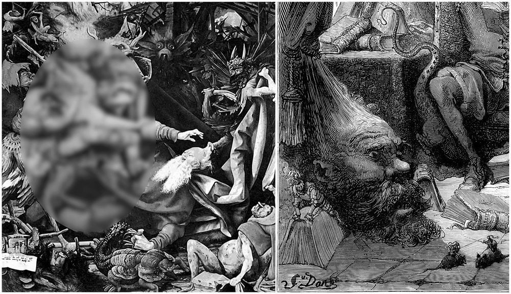 https://snrk.de/how-gustave-dore-might-have-played-with-pareidolia/#head

In 2019 I incidentally discovered (https://snrk.de/page_face-it/) a hidden monstrous head (a devil?) in the painting "The Temptation of St. Anthony" (c. 1512-1516) by Matthias Grünewald (Mathis Gothardt Neithardt). The painting is in a panel of the Isenheim Altarpiece, now located at the Musée Unterlinden, Colmar, France.

Later I found out that I was not the first one who spotted that head (https://snrk.de/how-gustave-dore-might-have-played-with-pareidolia/#head). Gustave Doré was faster (1863).



Don Quixote | DonQuixote | Don Quijote | DonQuijote | Don Quichote | DonQuichote | GustaveDoré | Issenheim | demons | monsters | hiddenface | hidden face| hiddenimage | hidden image | pareidolia | blur | blurring