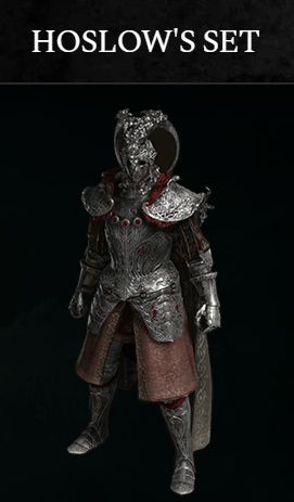 The Hoslow armor set from Elden Ring, Hoslow's Set is a Garish silver armor decorated with red embellishments.