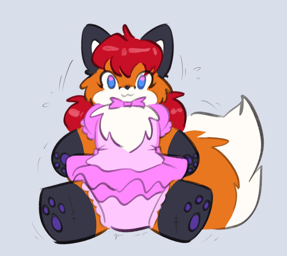 Plushy in the design of Banderi's fox in a pink frilly dress and diaper, with lines around it implying something inside it is trying to move.