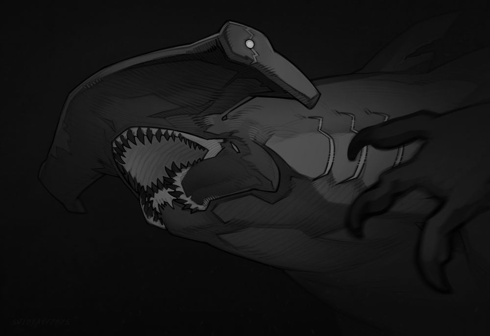 Black and white portrait of a kaiju hammerhead shark with split jaw, bottom view.