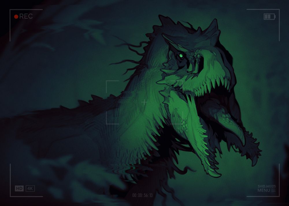 A terrifying dinosaur with a split mouth stares directly into the camera. Art in the green colour of a night vision. Surrounded by interference and a gloomy atmosphere.