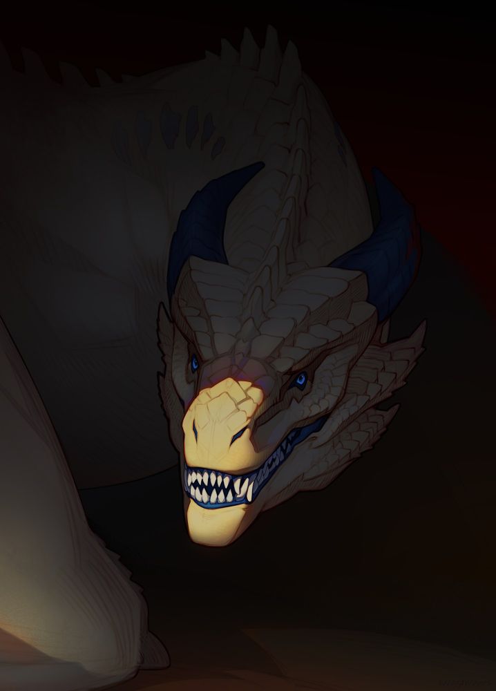 Portrait of a dragon peering out of the darkness. Nose and grin are visible in the light.