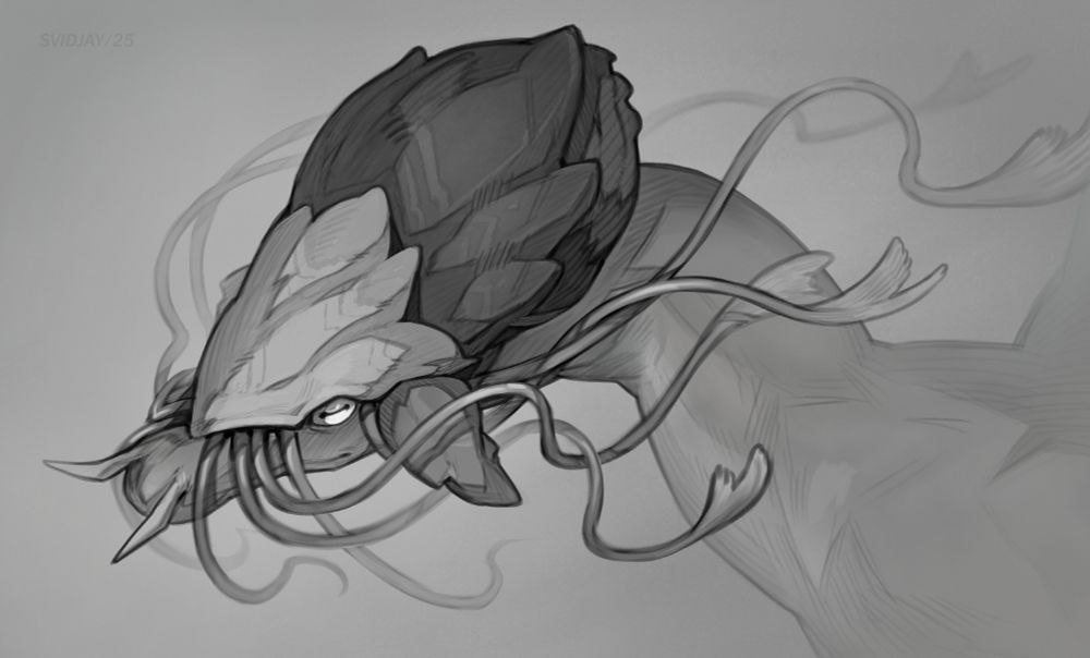 Portrait of a creature with a shell and clam tentacles on its head.