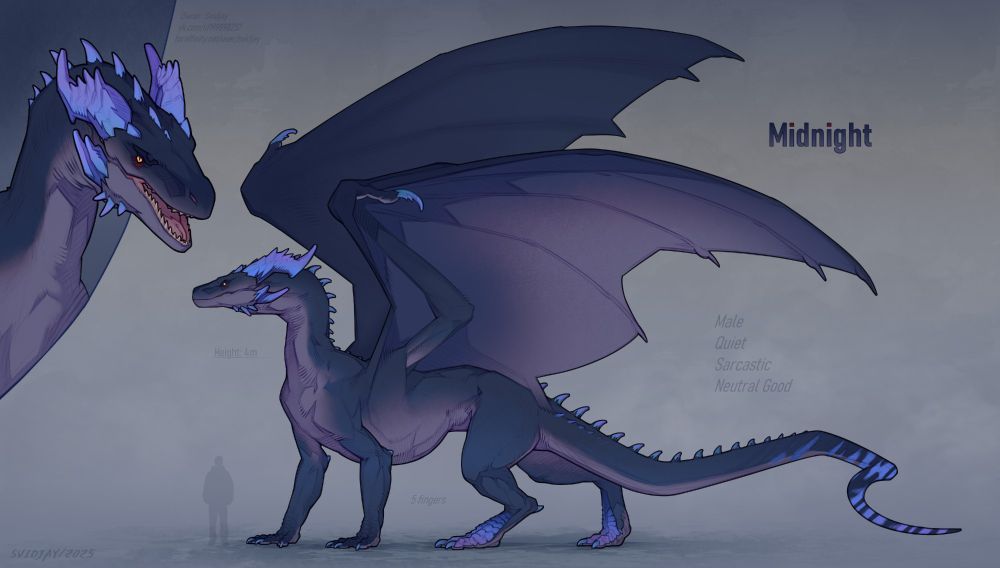 Midnight's reference. Dragon in blue and purple colors. Bright blue with purple tinted horns, plates on hind legs, claws and tail tip. Bright yellow eyes with red eyeliner.