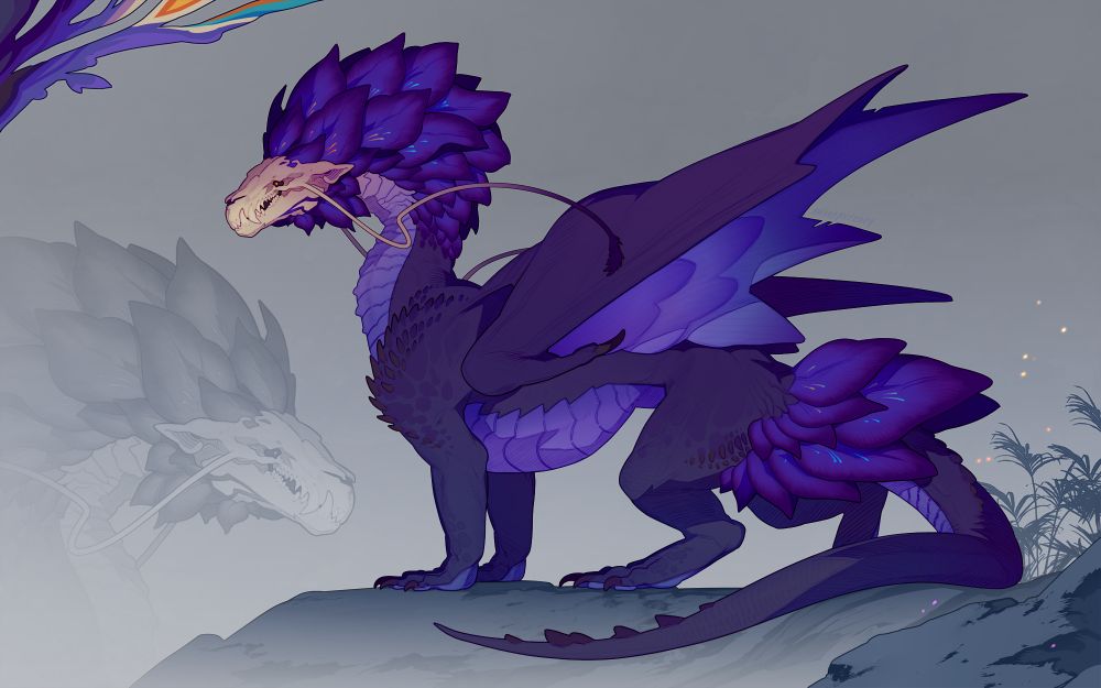 Adopt. Purple dragon "Misty Flower", with a skull head and a mane of flower petals.
Character owner: https://www.furaffinity.net/user/ozzywyvern