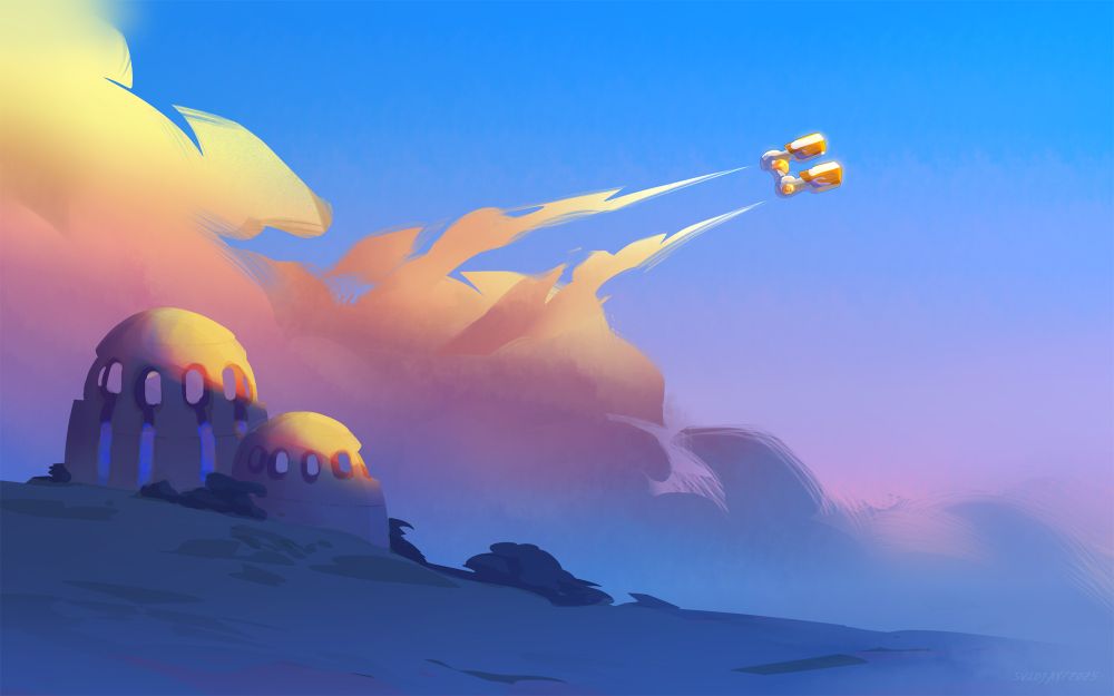 A ship in the morning sky over the ruins from the anime Oban Star-Racers.