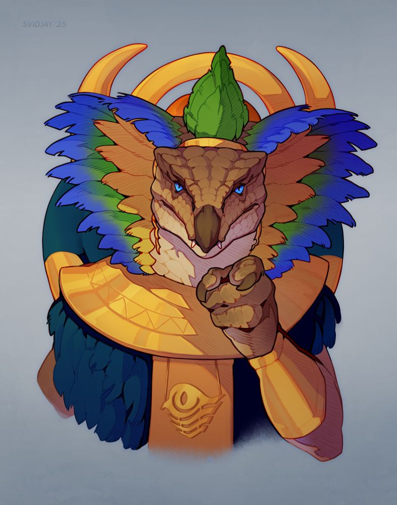 An anthropomorphic serpent with a serpentine hood of feathers wearing Egyptian-style gold clothing and he's pointing his finger at you. Based on ‘Uncle Sem.’