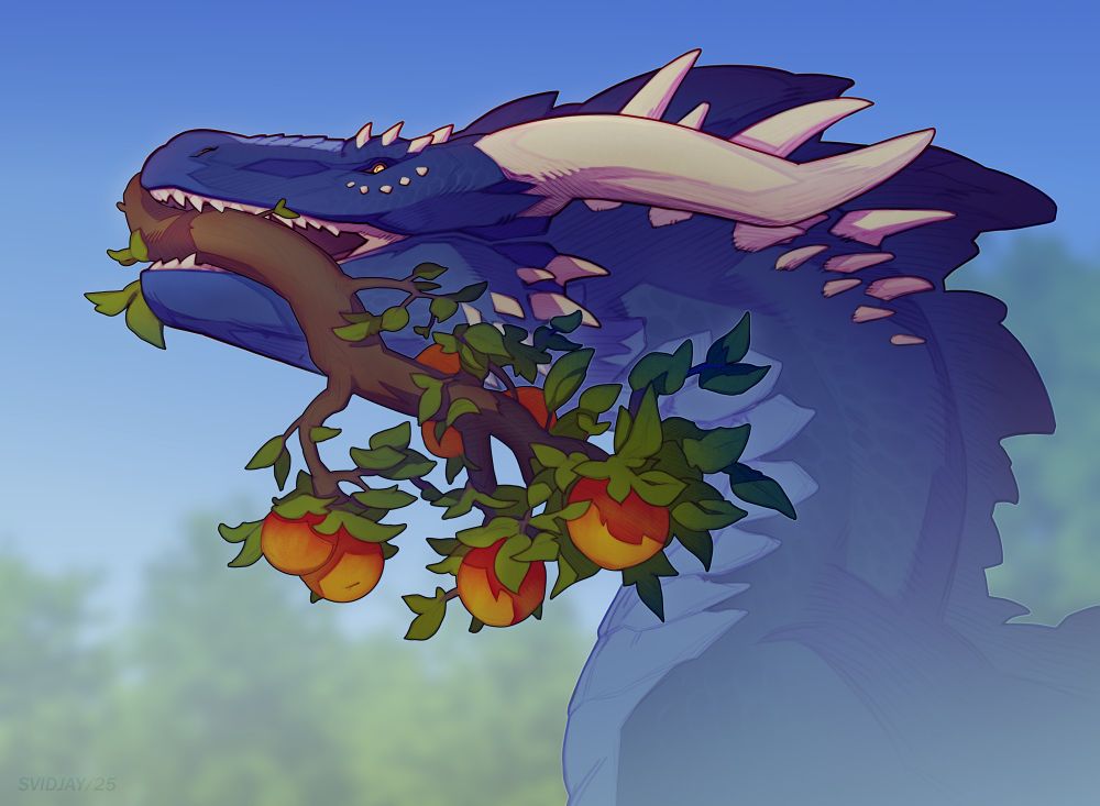 Portrait of a blue dragon with an apple branch in its teeth.