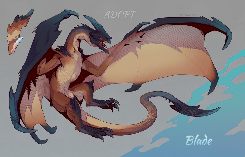 Adopt. A black and brown dragon in the air, with a sharp horn and a blade on its tail.