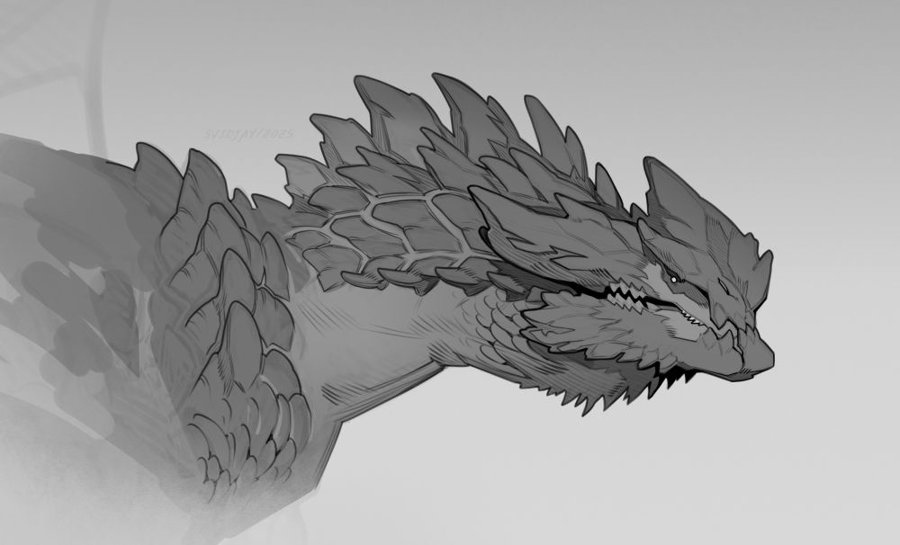 Black and white head of a large dragon, with plate/stone growths on the muzzle and large spikes.