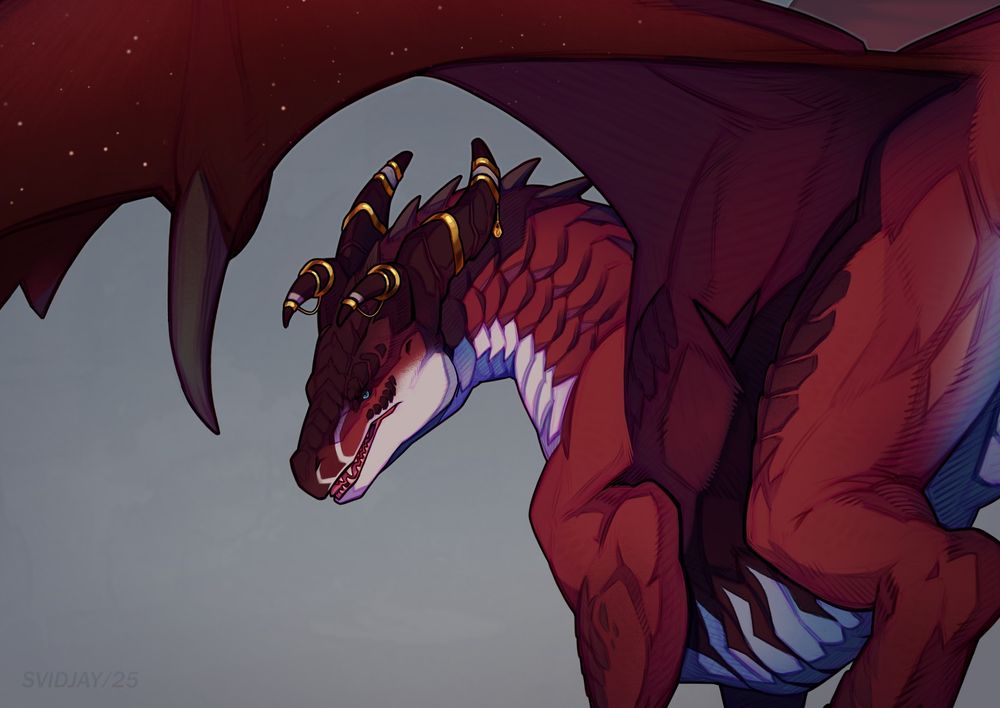 Trade. The red dragon female looks back at the viewer.