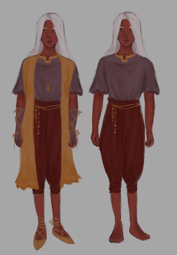 Two side-by-side outfit designs for a character. On the right, he wears a purple tunic and red wrap pants. On the left, he wears the same but with purple lace-up gloves and a gold shawl.