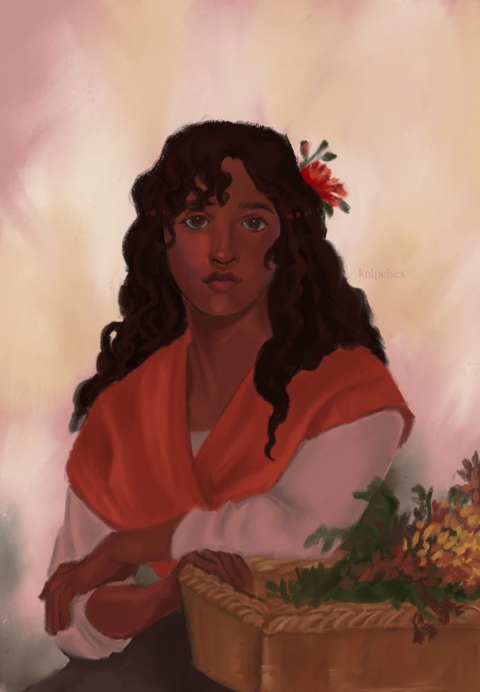 A woman with flowers in her hair rests her arm on top of a basket of flowers. OC belongs to daydream-draws on Art Fight.