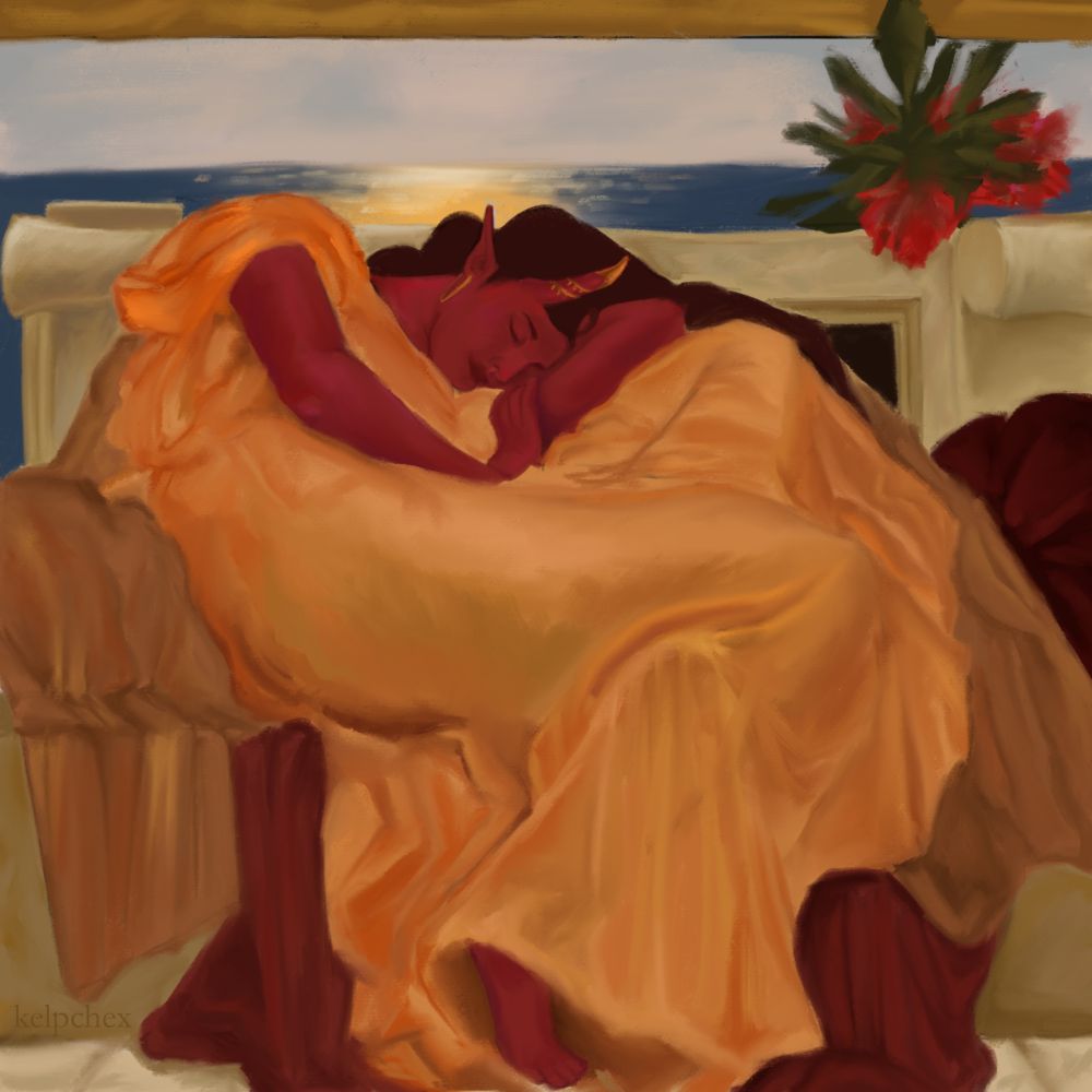 A study of "Flaming June" where the model depicted is a sleeping tiefling.