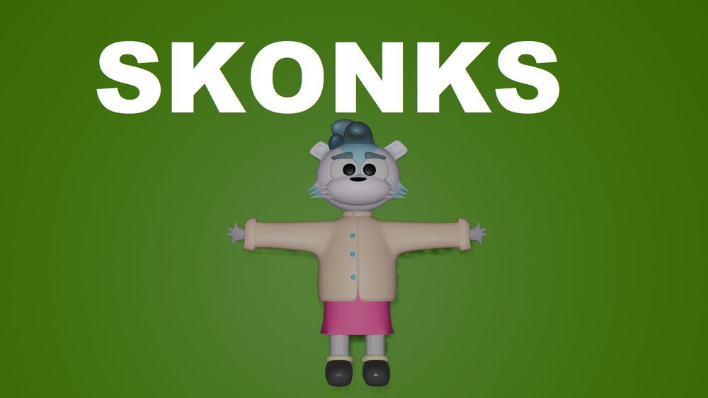 A Simple style skunk fursona in a T pose with text superimposed above saying "Skunks"