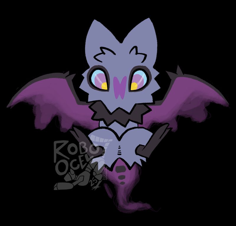 a pokemon fusion of shuppet ghastly and noibat. it is a little purple bat with ghostly wings