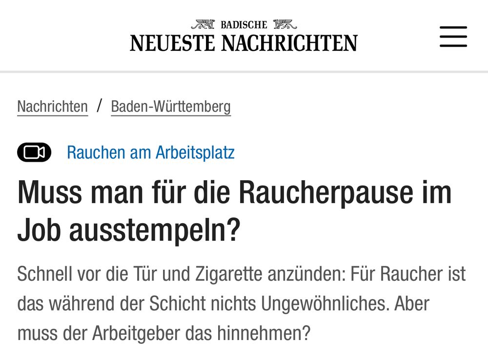 ausschnitt eines online-zeitungsartikels. schlagzeile: "muss man für die raucherpause im job ausstempeln?"