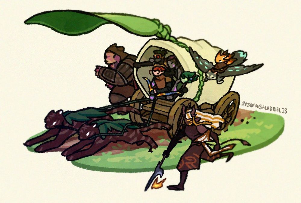 A group of RPG characters running along side a wagon being pulled by black tigers.