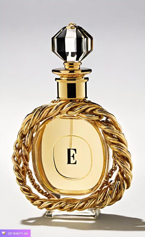 A glass perfume bottle adorned with gold chains and the letter 'E'